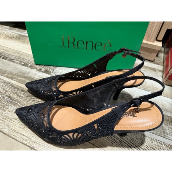 J. Renée Womens Vanani Black Rhinestone Slingback Kitten Heels 11M Elegant Party - Picture 2 of 9